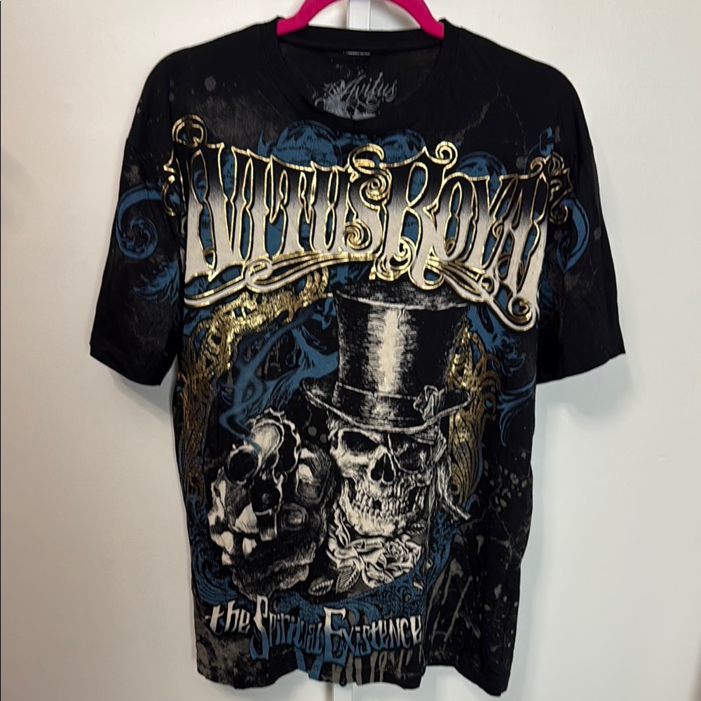 Avitus Black Graphic Shirt Mens XL Affliction Style Y2K Short Sleeve Edgy